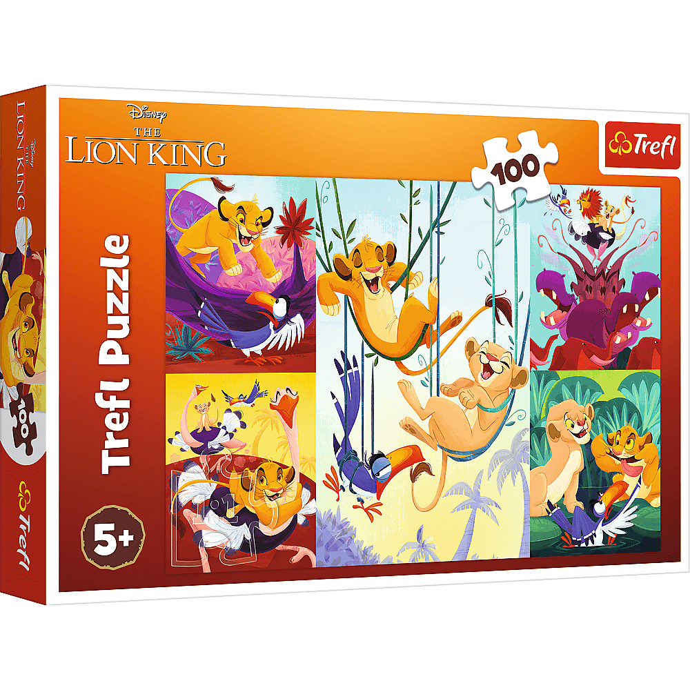 Boîte de puzzle Le Roi Lion. Simba et ses amis dans diverses scènes. Une pièce de puzzle avec le chiffre 100 est visible.