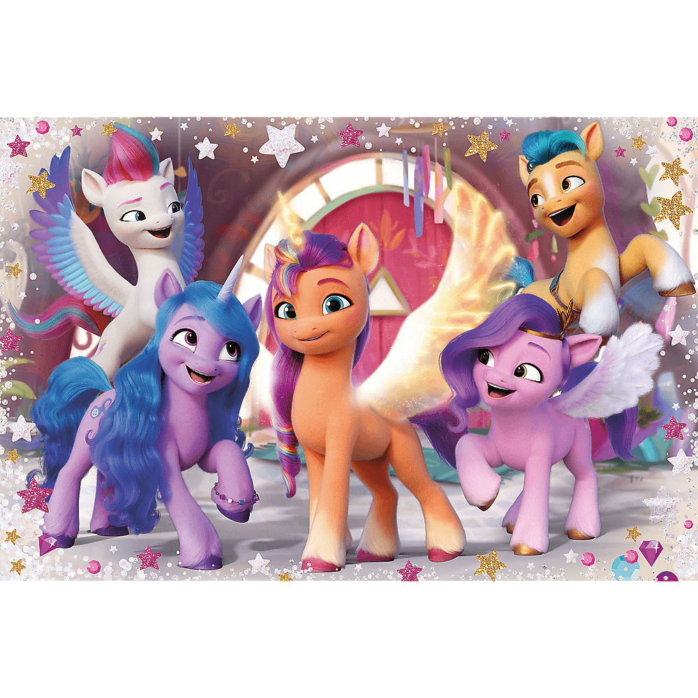 Cinq personnages My Little Pony colorés, chacun avec des caractéristiques uniques, se tiennent devant un fond décoré d'étoiles.