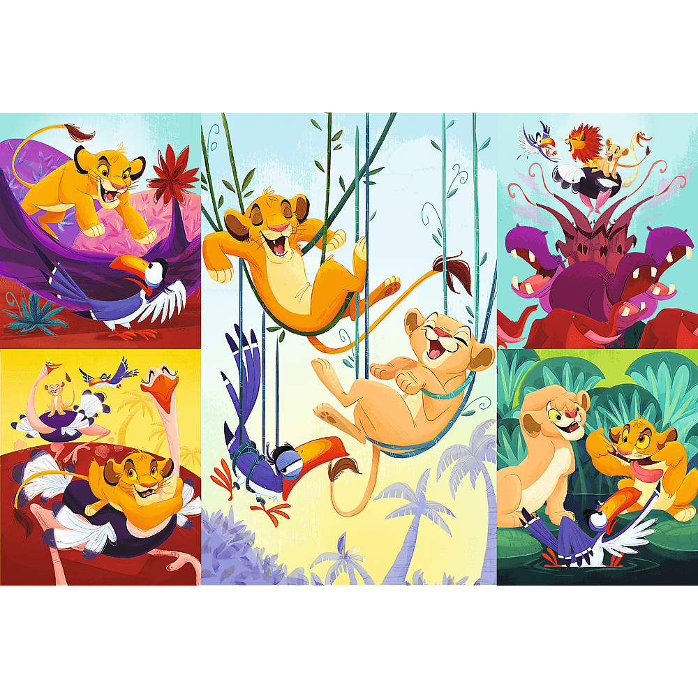 Les personnages du Roi Lion dans diverses scènes, dont Simba et Nala se balançant, Timon et Pumbaa, et Zazu. Couleurs vives et style dessin animé.
