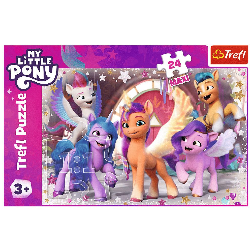 Un puzzle My Little Pony. Il montre six poneys avec des ailes et des cornes. Le puzzle comporte 24 pièces et indique 3+.