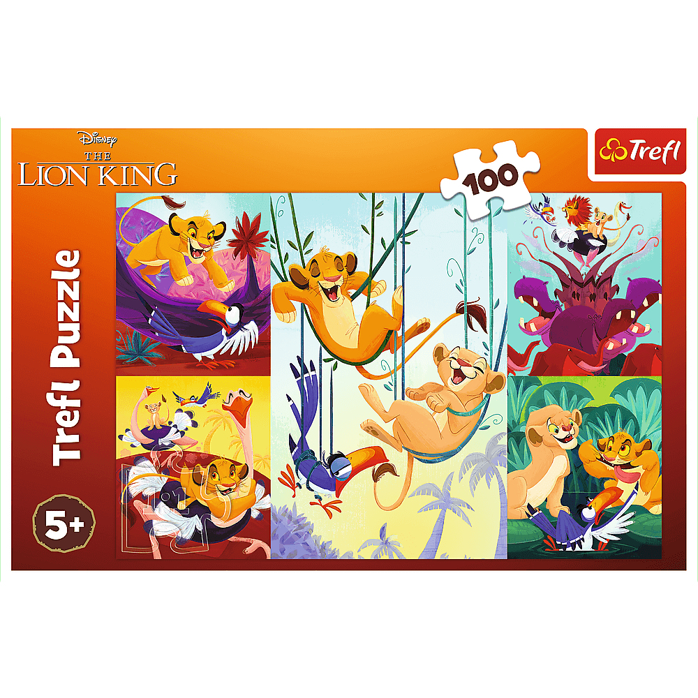 Puzzle Le Roi Lion. Simba, Timon et Pumbaa sont dessus. Toucans, plantes vertes et un nombre de 100 pièces sont également visibles.