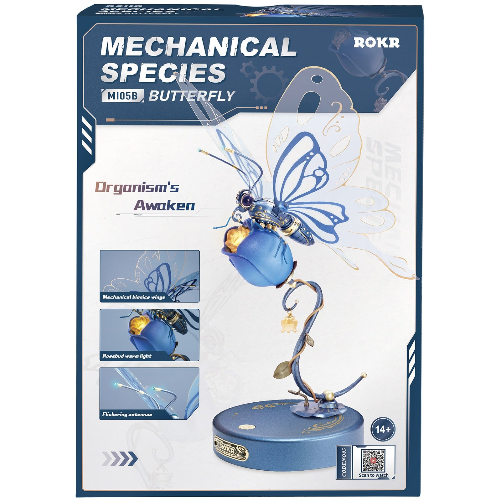 Eine Schachtel mit einem mechanischen Schmetterlingsmodell. Es hat blaue und goldene Farben. Auf der Schachtel steht 'Mechanical Species'.