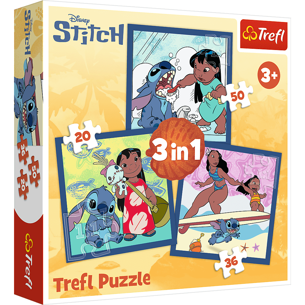 Une boîte de puzzle Trefl Stitch. Elle montre différentes scènes de Stitch et Lilo. Il y a 3 puzzles avec différents nombres de pièces.