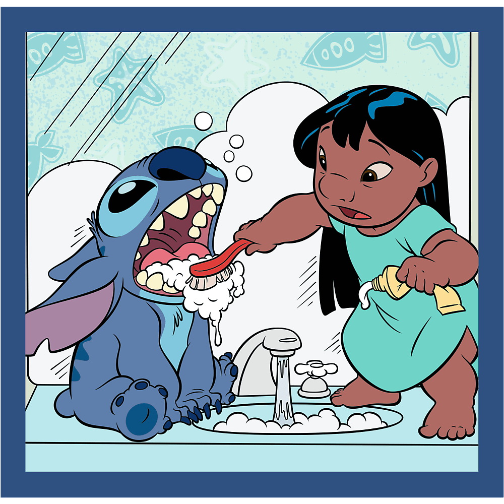 Lilo brosse les dents de Stitch dans une salle de bain. Stitch a la bouche ouverte avec du dentifrice. Lilo tient une brosse et du dentifrice.