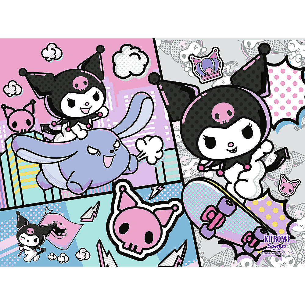 Eine Comic-Illustration mit Kuromi-Figuren. Einer reitet auf einem Hasen, ein anderer auf einem Skateboard. Rosa und schwarze Farbtöne dominieren die Szene.