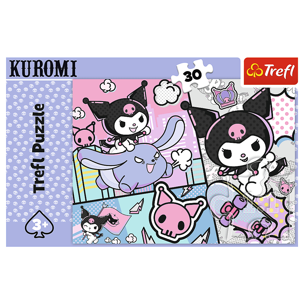Eine Kuromi-Puzzle-Box. Sie zeigt Kuromi-Charaktere, einen Hasen, ein Skateboard und ein 30-teiliges Puzzle. Rosa, Schwarz und Lila.