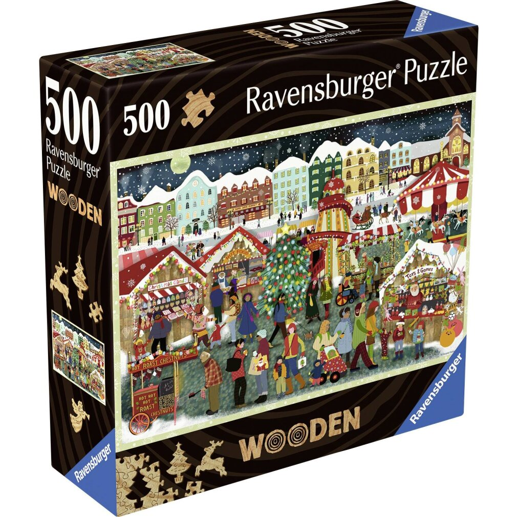 Una scatola di puzzle in legno Ravensburger. L'immagine mostra una scena di mercato natalizio invernale con persone, bancarelle e un grande albero di Natale.