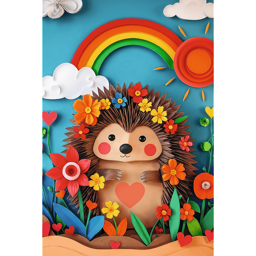 Ein Papierigel mit Blumen, einem Regenbogen und einer Sonne. Bunte Blumen und Herzen umgeben den Igel. Blauer Himmel im Hintergrund.