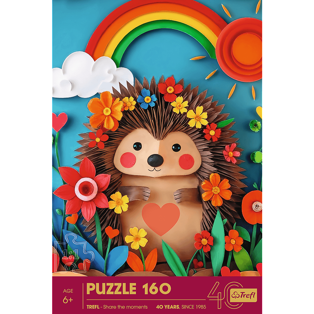 Ein farbenfrohes Puzzle mit einem Igel mit Blumen, einem Regenbogen und einer Sonne vor blauem Hintergrund.