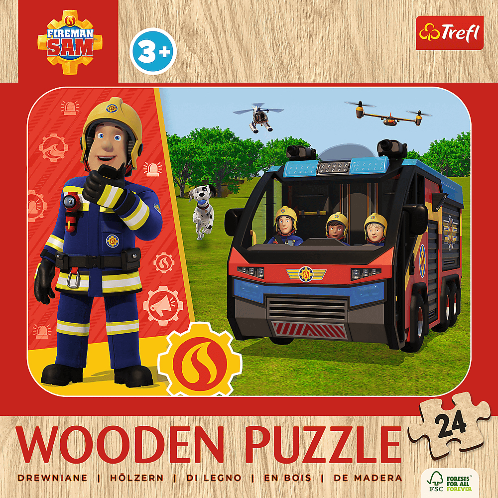 Feuerwehrmann Sam Puzzle. Sam steht, Feuerwehrauto mit 3 Insassen. Hund rennt in der Nähe. Hubschrauber fliegen. Helle Farben.
