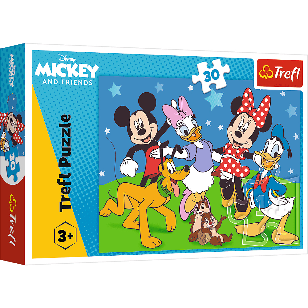 Een Trefl puzzeldoos van Mickey en zijn vrienden. Personages zijn Mickey, Minnie, Donald, Daisy, Pluto en Knabbel en Babbel. 30 stukjes.