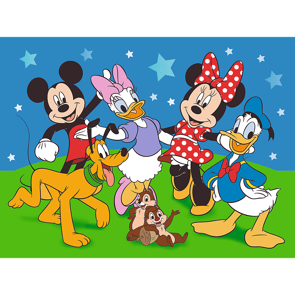 Mickey Mouse en vrienden. Pluto, Daisy, Minnie, Donald en Chip en Dale staan samen op groen gras met een blauwe hemel achtergrond.