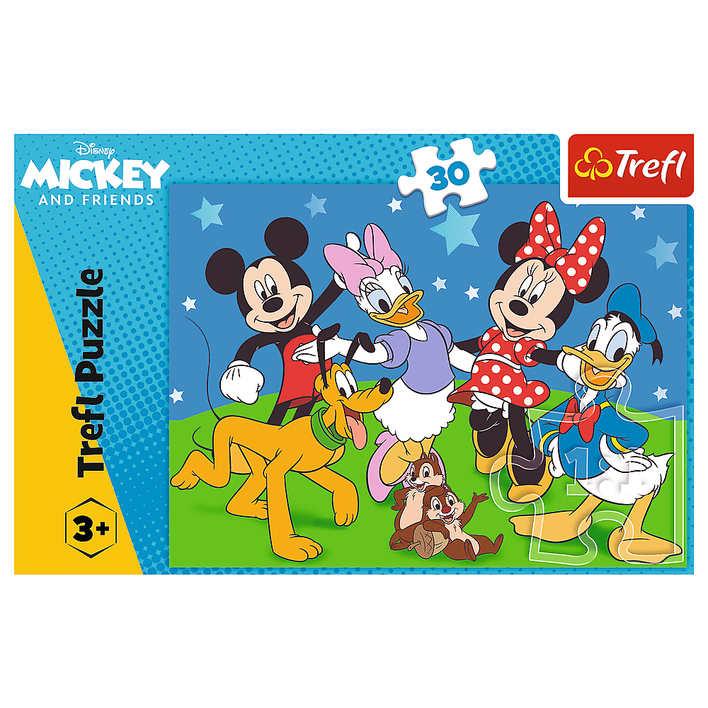 Een Mickey en Friends puzzel. Personages zijn Mickey, Minnie, Donald, Daisy, Pluto en Chip en Dale. Blauwe achtergrond met sterren.