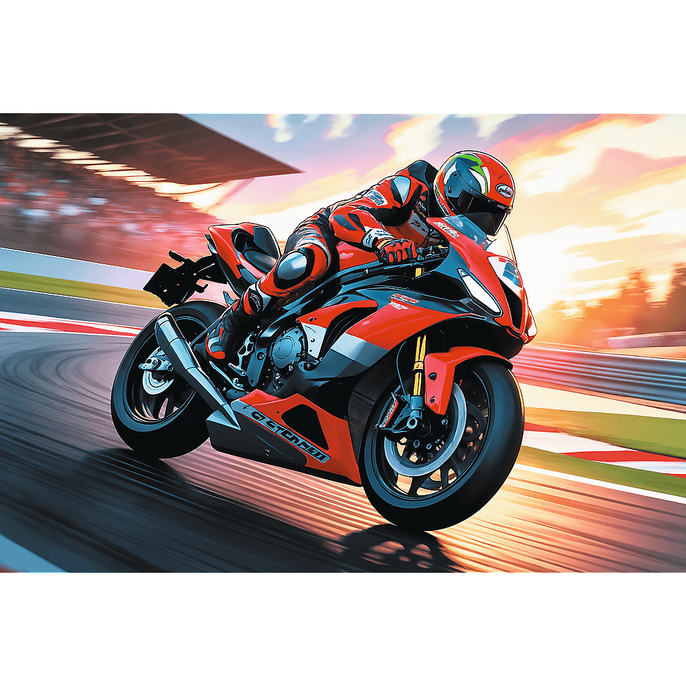 Ein rotes und schwarzes Motorrad rast auf einer Rennstrecke. Der Fahrer trägt Helm und Anzug und neigt sich in eine Kurve. Verschwommener Hintergrund.