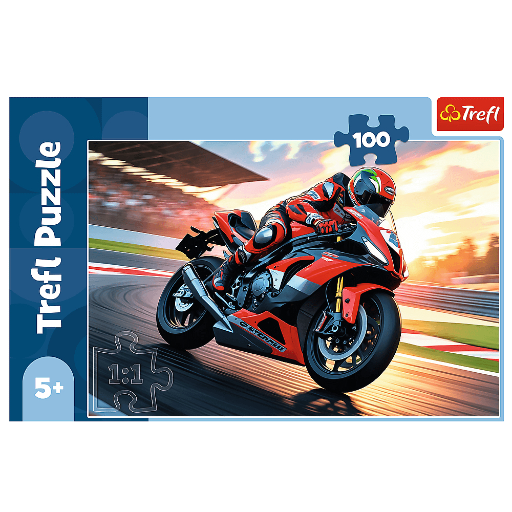 Motorradrennrätsel. Ein rotes und schwarzes Motorrad rast über eine Rennstrecke. Der Fahrer trägt rote Ausrüstung und einen Helm.