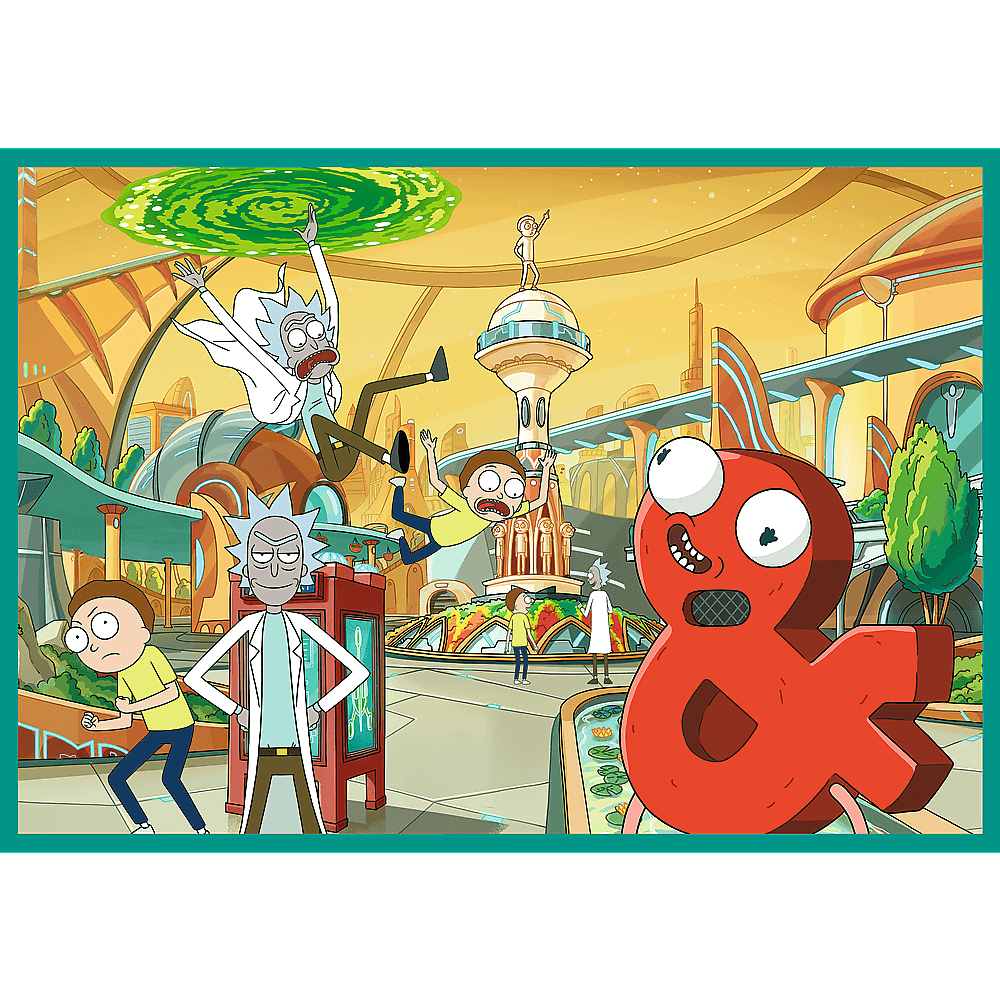 Scena z kreskówki Rick i Morty. Postacie w futurystycznym mieście. Portal, czerwony ampersand, spadające postacie i Rick z Mortym.