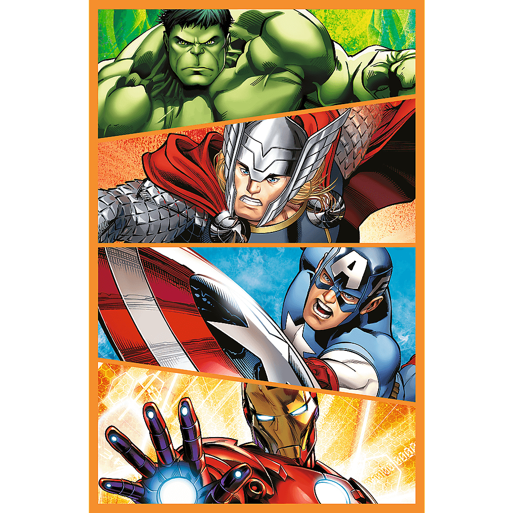 Comic-Strip mit Hulk, Thor, Captain America und Iron Man. Jeder Superheld in einem separaten Feld, mit Actionposen und lebendigen Farben.