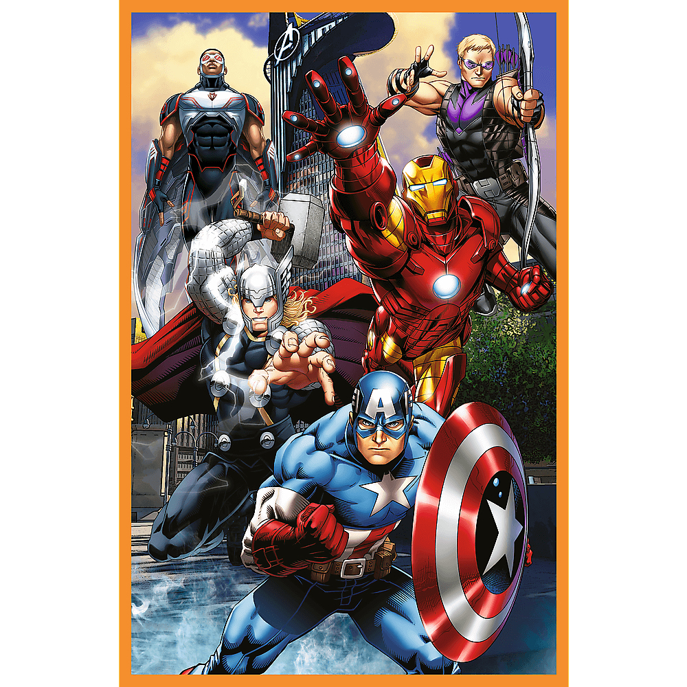 Die Avengers versammeln sich! Iron Man, Captain America, Thor, Hawkeye und andere stehen in einem Comic-Stil vor einer Stadt bereit.