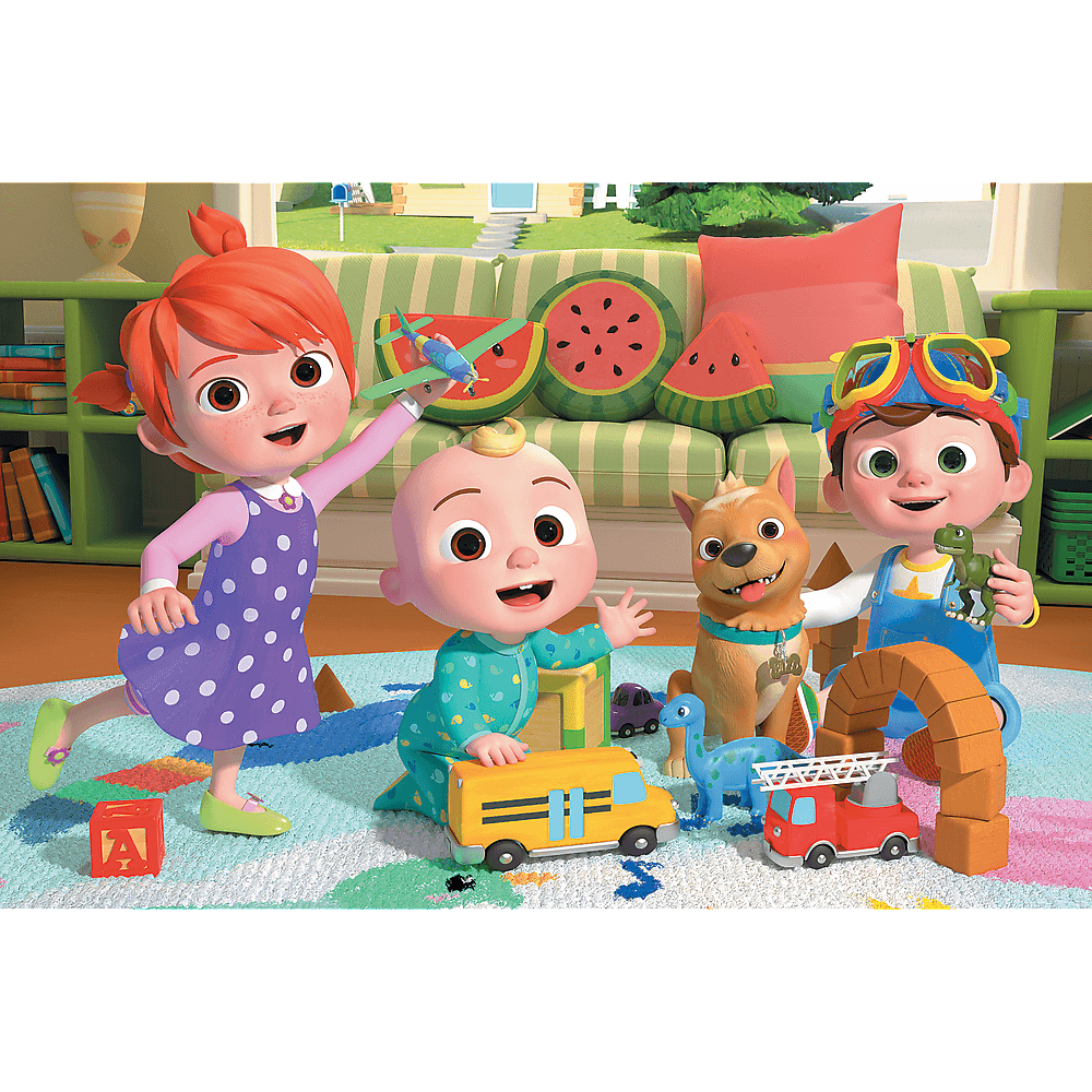 Cartoon-Szene mit Kindern, die mit Spielzeug spielen. Enthält einen Hund, einen Bus, ein Flugzeug und einen Dinosaurier. Helle Farben, fröhliche Gesichter.