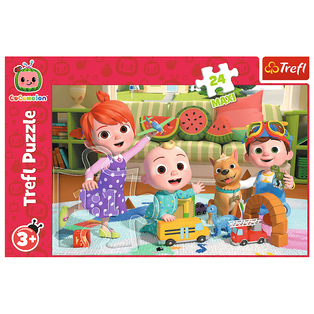 Ein Trefl-Puzzle mit Zeichentrickfiguren, einem Baby, einem Mädchen mit roten Haaren und einem Jungen mit Brille, umgeben von Spielzeug und einer Wassermelone.