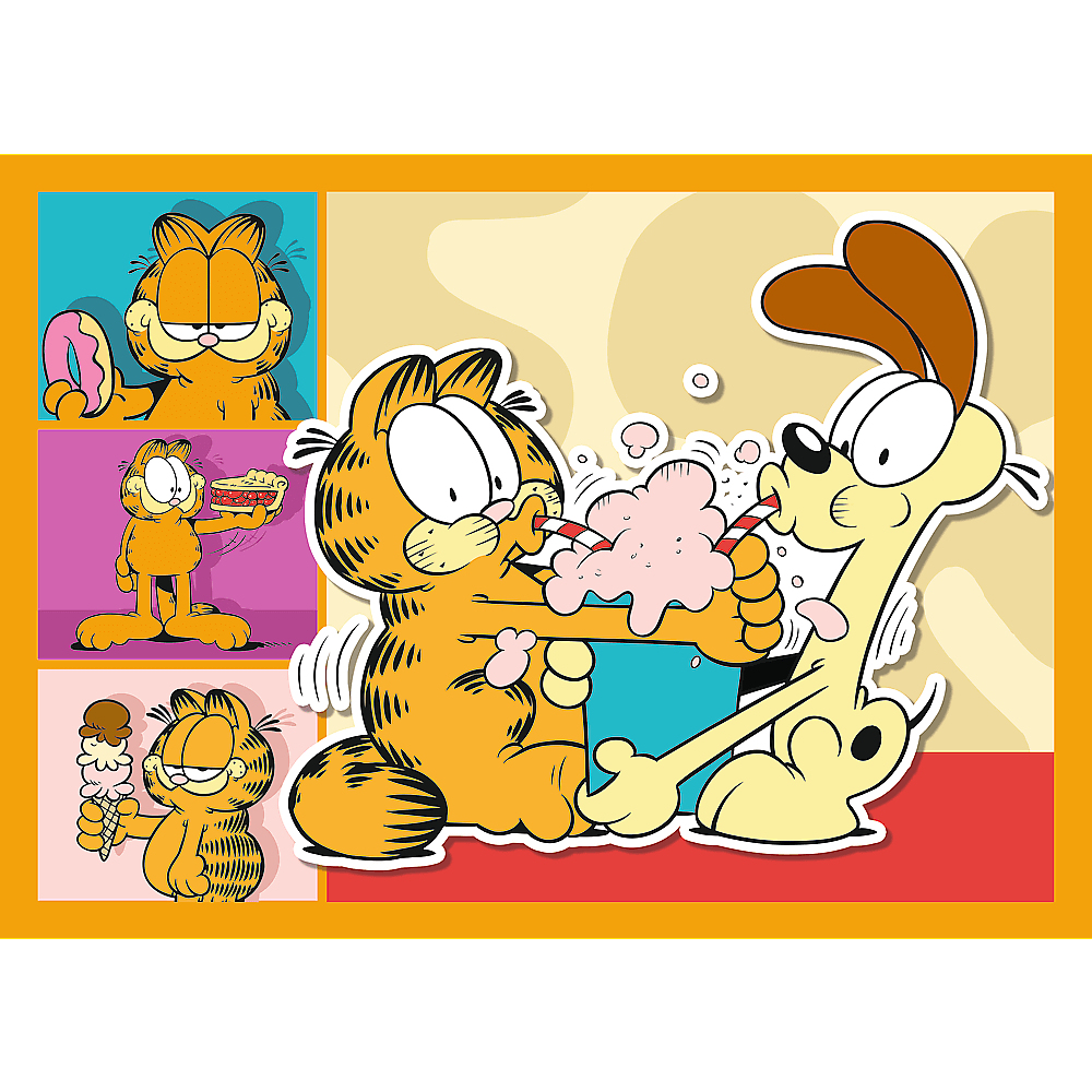 Garfield und Odie teilen sich einen Milchshake. Garfield ist orange, Odie ist gelb. Es gibt andere Garfield-Bilder um das Hauptbild herum.