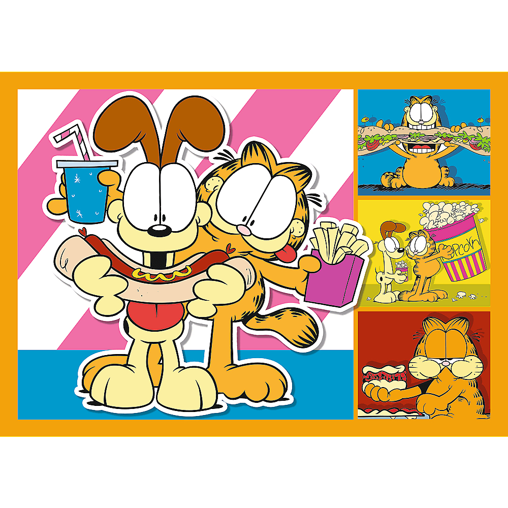 Garfield und Odie mit Essen. Garfield hält Pommes, Odie ein Getränk und Hotdog. Andere Szenen zeigen Garfield beim Essen.