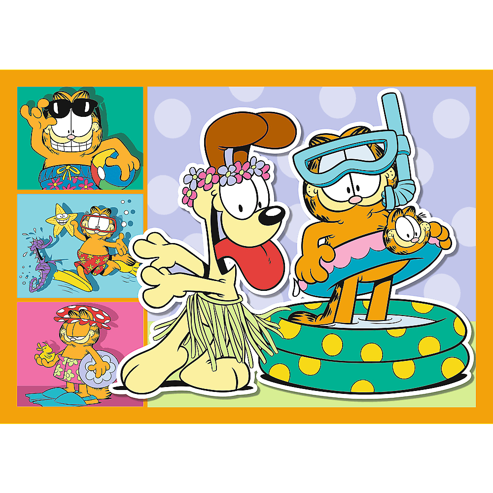 Garfield und Odie in Sommerkleidung. Garfield trägt eine Brille und einen Schwimmring. Odie hat ein Lei und einen Bastrock. Weitere Garfield-Bilder sind abgebildet.