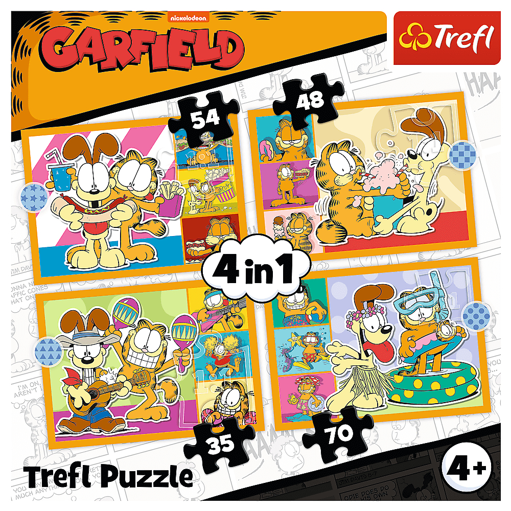 Garfield-Puzzle-Box. Zeigt Garfield und Odie in verschiedenen Szenen: Essen, Musik machen und am Strand. Enthält 4 Puzzles.