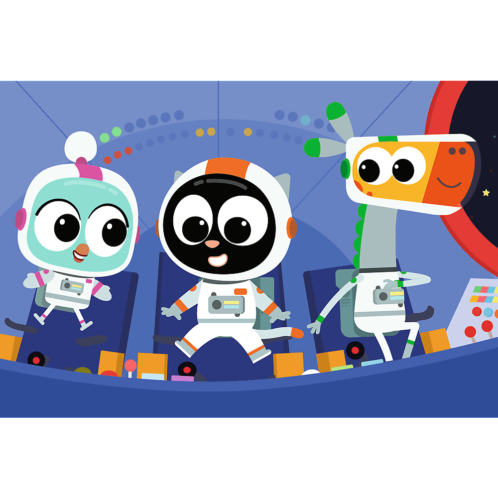 Drei Cartoon-Astronauten in einem Raumschiff-Cockpit. Die Figuren sind ein Vogel, eine Katze und eine Giraffe. Der Hintergrund zeigt Sterne.