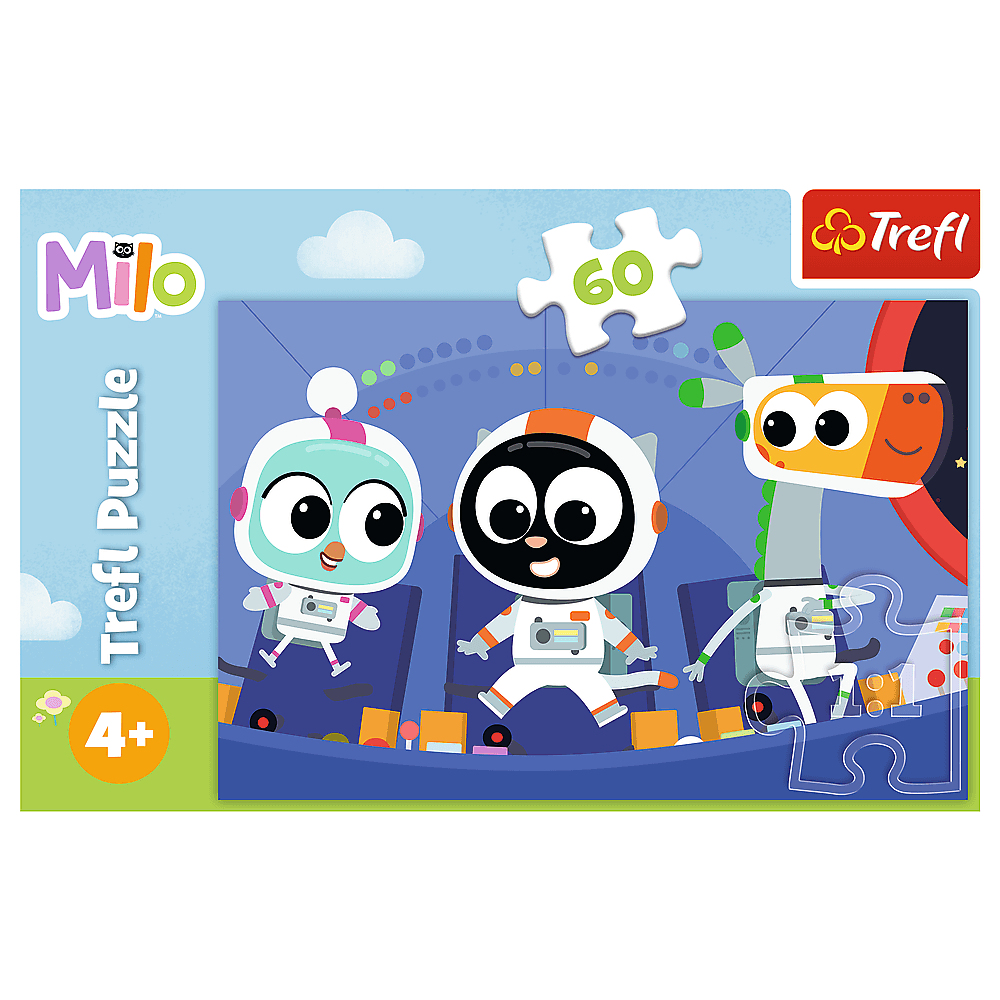 Puzzledose mit Cartoon-Astronauten. Zwei Charaktere sitzen in blauen Sitzen. Ein dritter steht. Das Puzzleteil zeigt '60'.