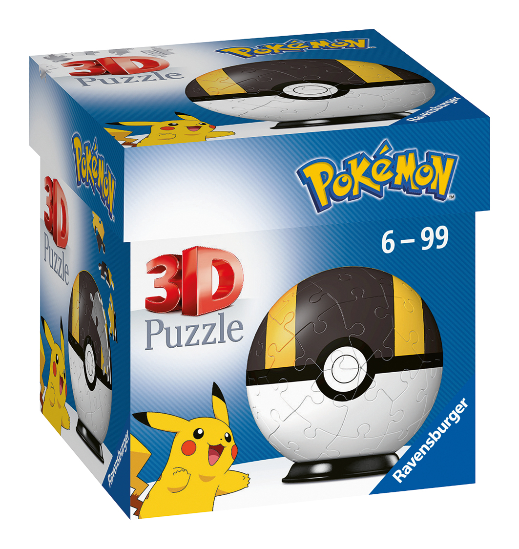 Una scatola di puzzle 3D di Pokemon. Presenta un Pikachu e una sfera puzzle. La scatola è blu con il logo Pokemon.