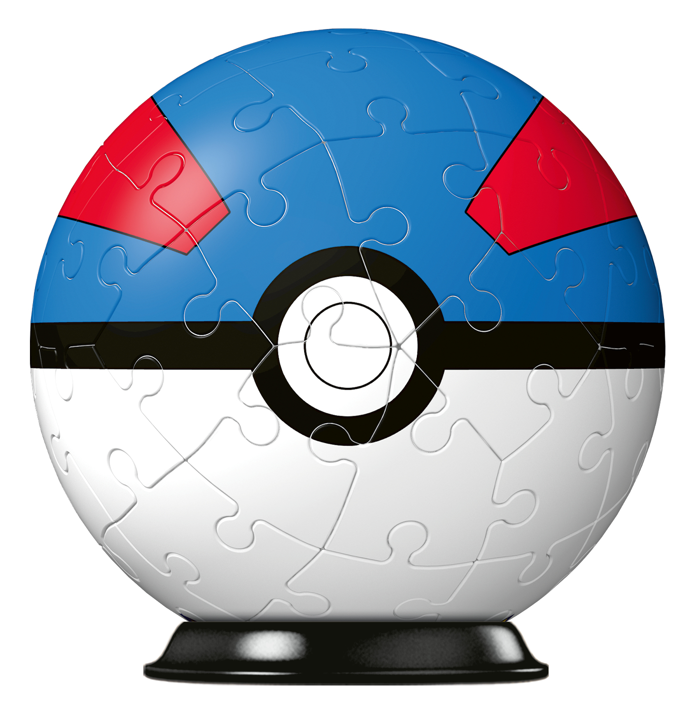 Un puzzle a forma di sfera che ricorda una Poké Ball. Ha sezioni blu, bianche, nere e rosse. Si trova su un supporto nero.