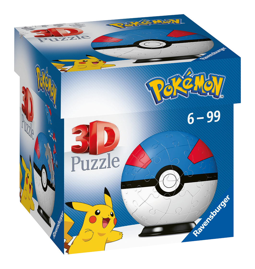 Puzzle 3D in scatola raffigurante una Pokeball blu, bianca e rossa. Pikachu è presente sulla scatola. Il puzzle è per età 6-99 anni.