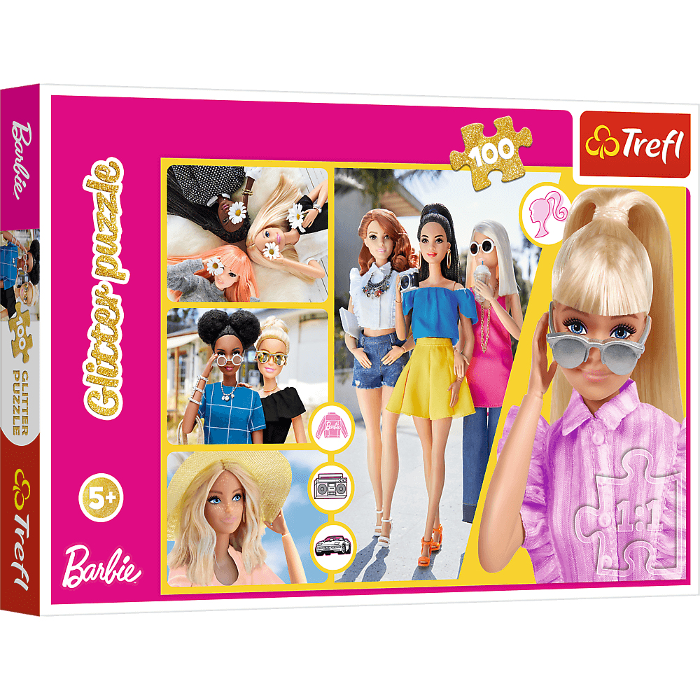 Boîte de puzzle Barbie avec des images de poupées Barbie. La boîte est rose et porte les mots 'Glitter Puzzle'.