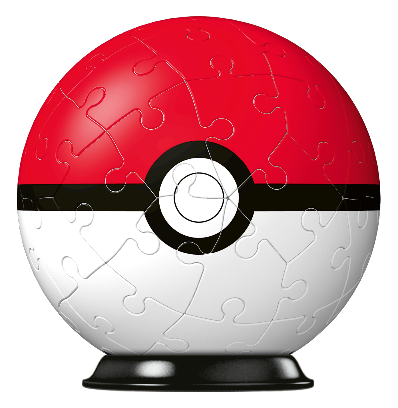 Un puzzle 3D a forma di Pokéball. È rosso e bianco, con una striscia nera e un cerchio bianco al centro.