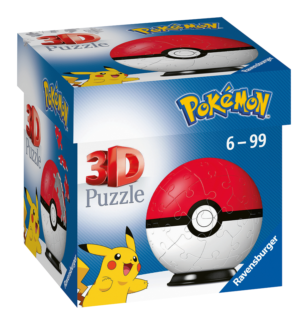 Una scatola di puzzle 3D di Pokemon. Presenta Pikachu e una palla puzzle rossa e bianca. La scatola è blu con il logo Pokemon.