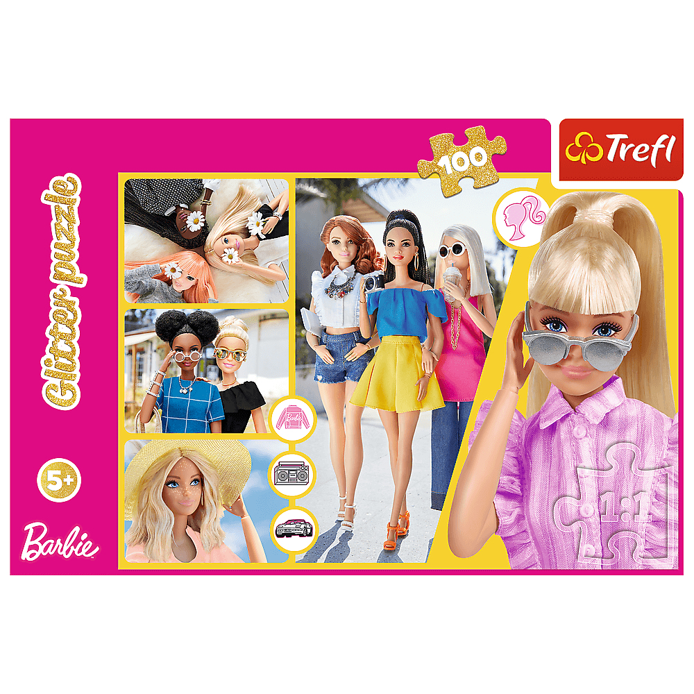 Puzzle Barbie Glitter. Des poupées sont montrées, certaines portent des lunettes de soleil. La boîte est rose avec les logos Barbie et Trefl. Un puzzle de 100 pièces.