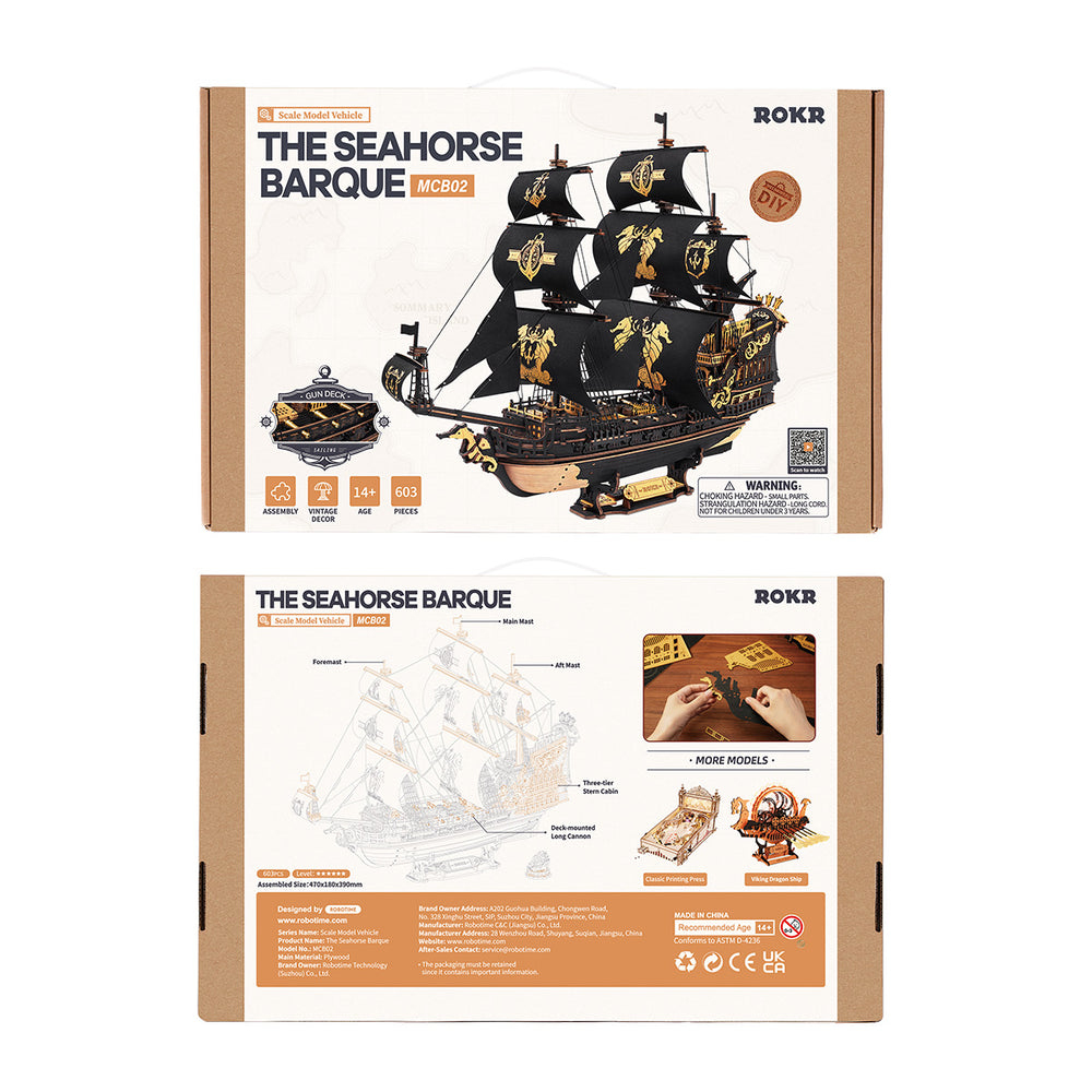 Boîte du modèle Seahorse Barque. Elle montre une maquette de navire noire et dorée, avec du texte et des icônes.