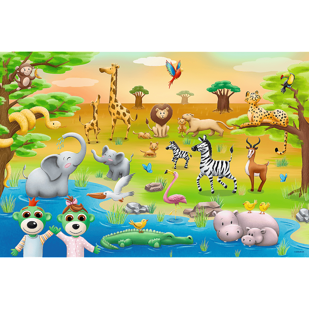 Bunte Illustration afrikanischer Tiere: Giraffen, Löwen, Zebras, Elefanten, Affen und mehr, in einer lebendigen Savannenszene.