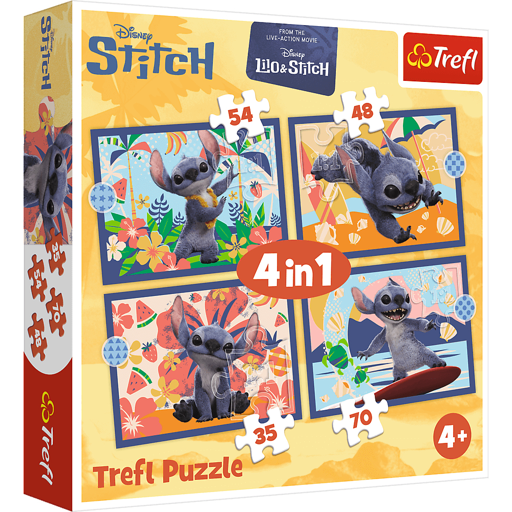 Een Trefl puzzelbox met Stitch van Lilo & Stitch. De box toont vier puzzelafbeeldingen van Stitch, met puzzelstukjes eromheen.