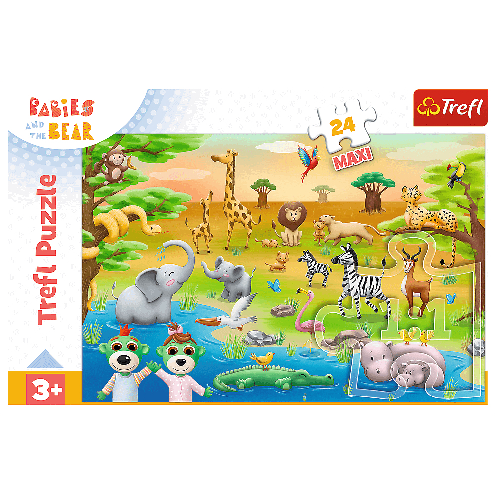 Ein Kinderpuzzle mit afrikanischen Tieren wie Giraffen, Löwen und Elefanten. Affen, Zebras und ein Krokodil sind ebenfalls vorhanden.
