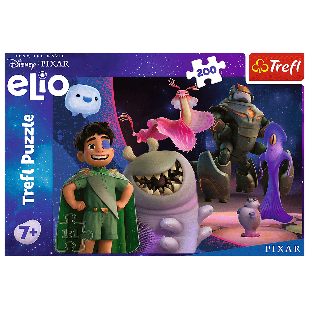 Puzzledose des Films Elio. Zu den Figuren gehören ein Junge, Außerirdische und Roboter. Das Trefl- und Pixar-Logo sind ebenfalls sichtbar.