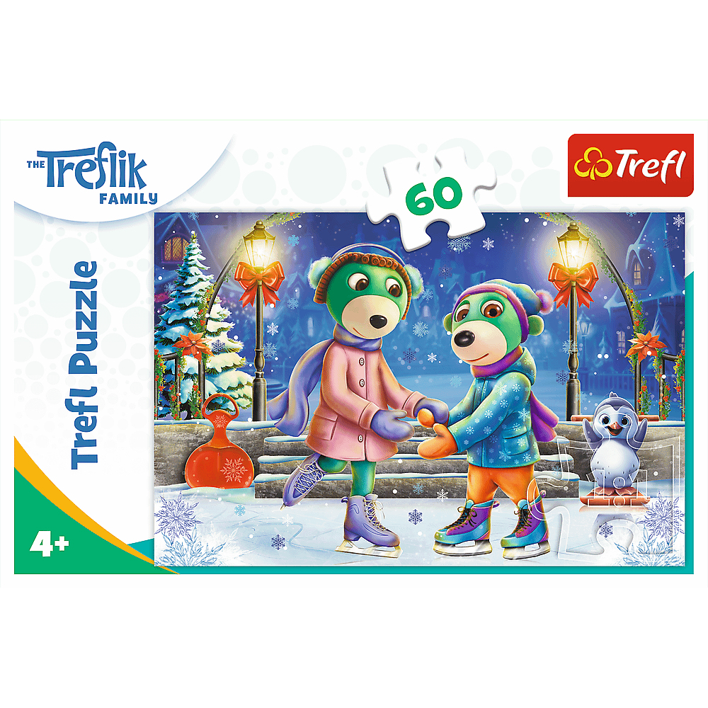 Puzzle zeigt zwei Eisbären, einen Pinguin und eine verschneite Szene mit Weihnachtsbaum und Straßenlaternen.