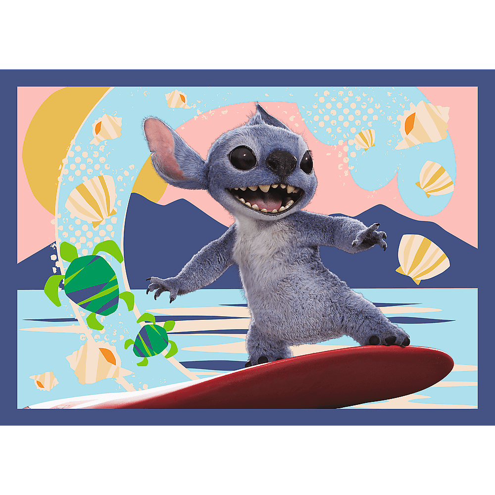 Stitch surft op een rood board. Achtergrond met golven, schelpen, schildpadden en bergen. De lucht is roze en blauw.