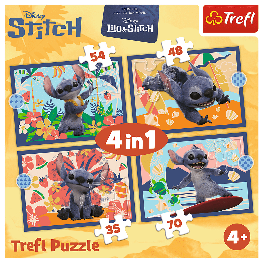 Een Trefl-puzzel met Stitch van Lilo & Stitch. Het is een 4-in-1 puzzel met Stitch in verschillende scènes, omringd door tropische elementen.