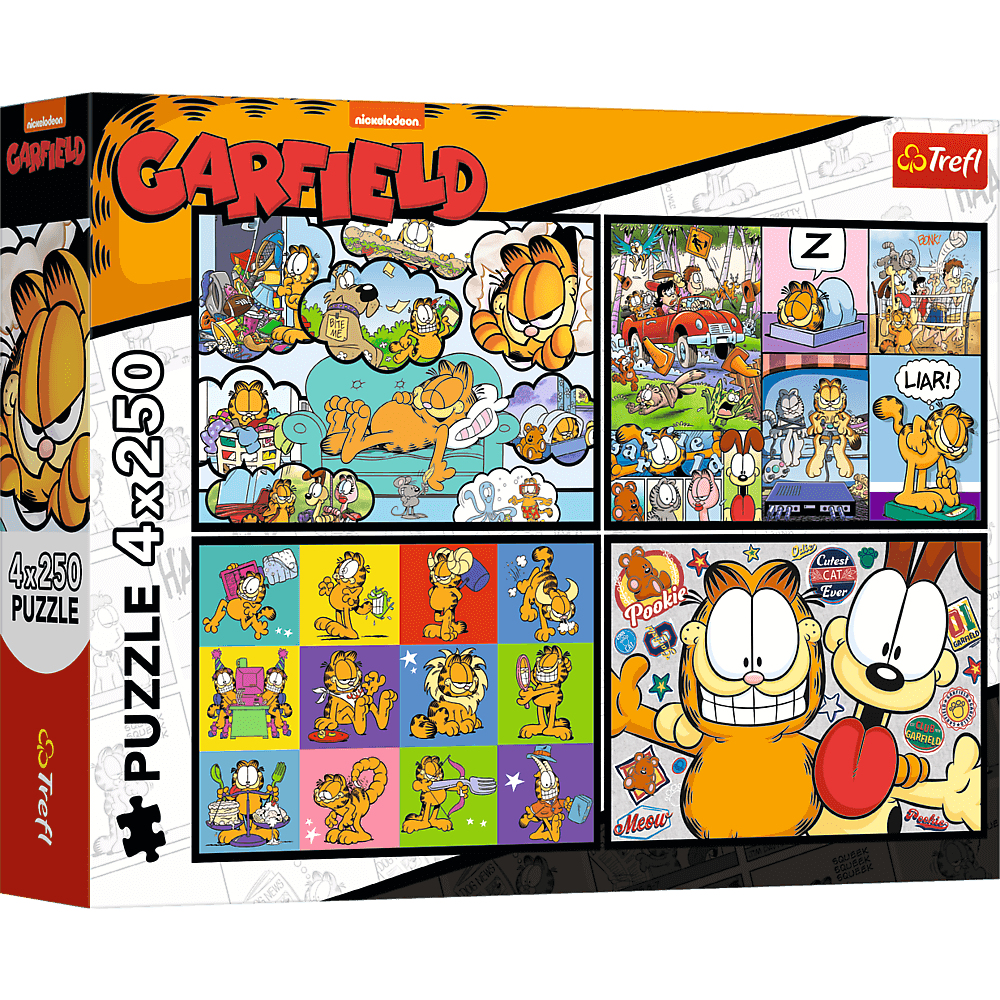 Boîte de puzzle Garfield. Garfield dans différentes poses. La boîte montre le puzzle, Garfield et le texte '4x250 PUZZLE'.