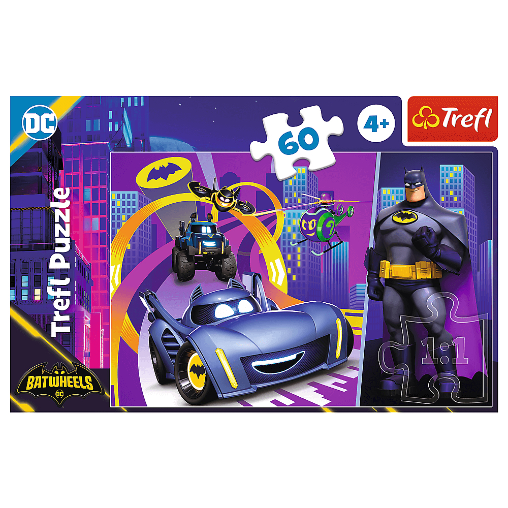 Batman-Puzzle mit Batwheels. Enthält das Batmobil, Batman und andere Fahrzeuge. Lila und blaues Farbschema.