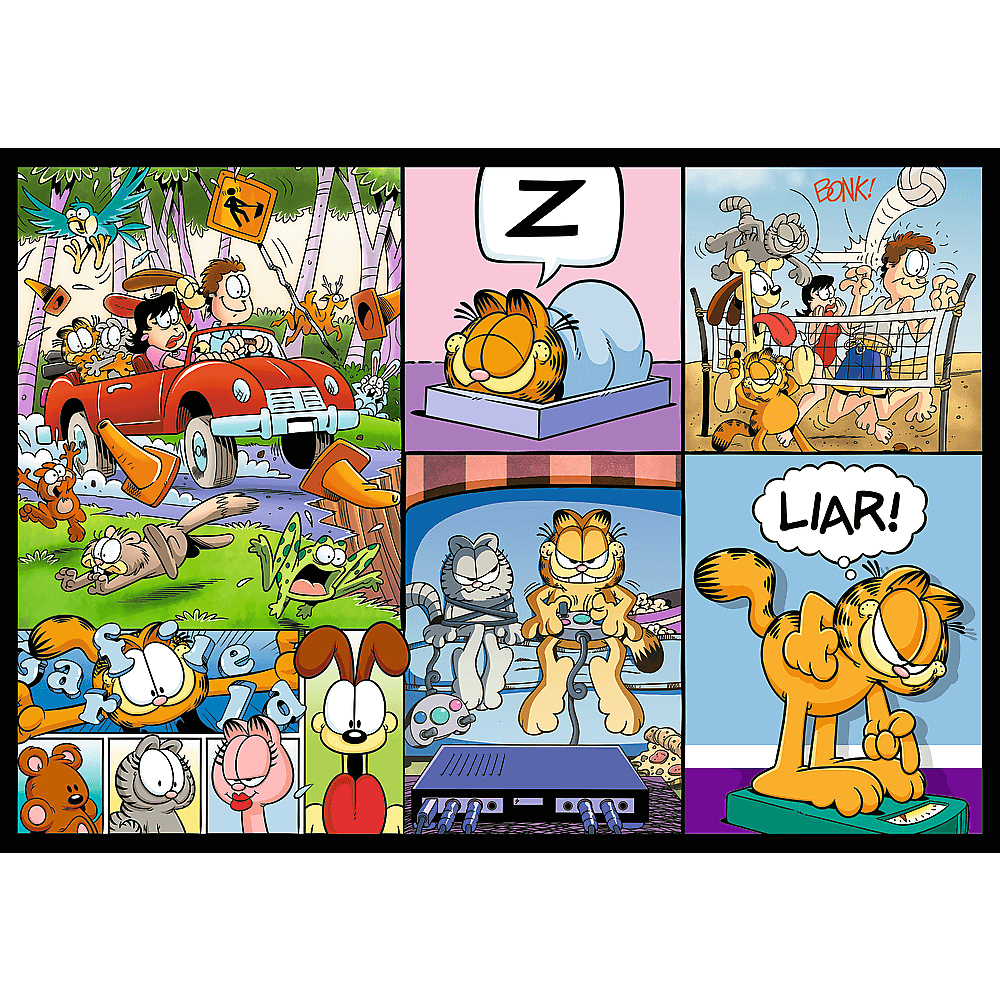Bande dessinée Garfield : voiture, sommeil, volley-ball, jeux et pesée. Personnages : Garfield, Jon et Odie.