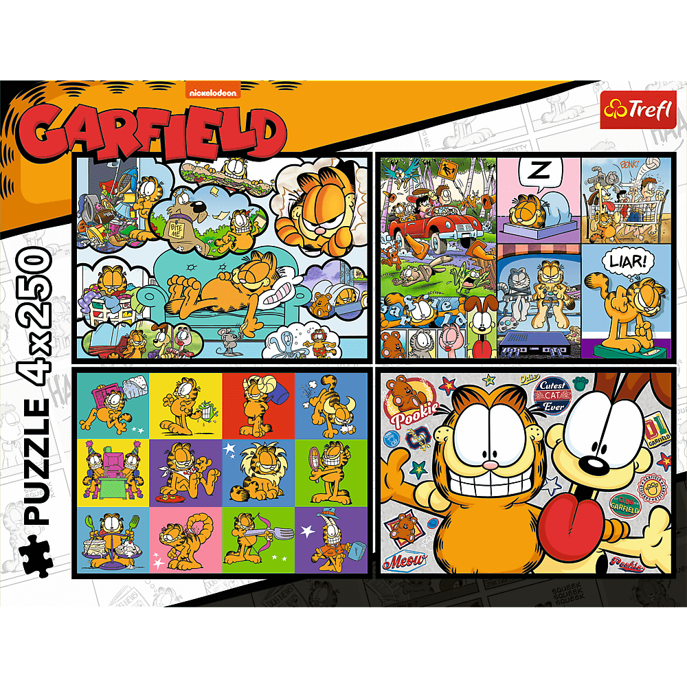 Puzzle Garfield, mettant en scène Garfield dans diverses poses. Le puzzle comporte plusieurs panneaux montrant Garfield dans différents scénarios, et du texte.