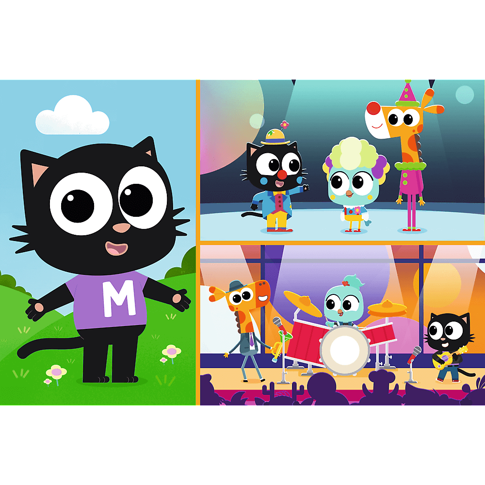Eine Cartoon-Katze mit einem 'M'-Shirt und eine Band von Tierfiguren, die Musik auf der Bühne spielen. Die Szene ist hell und farbenfroh.